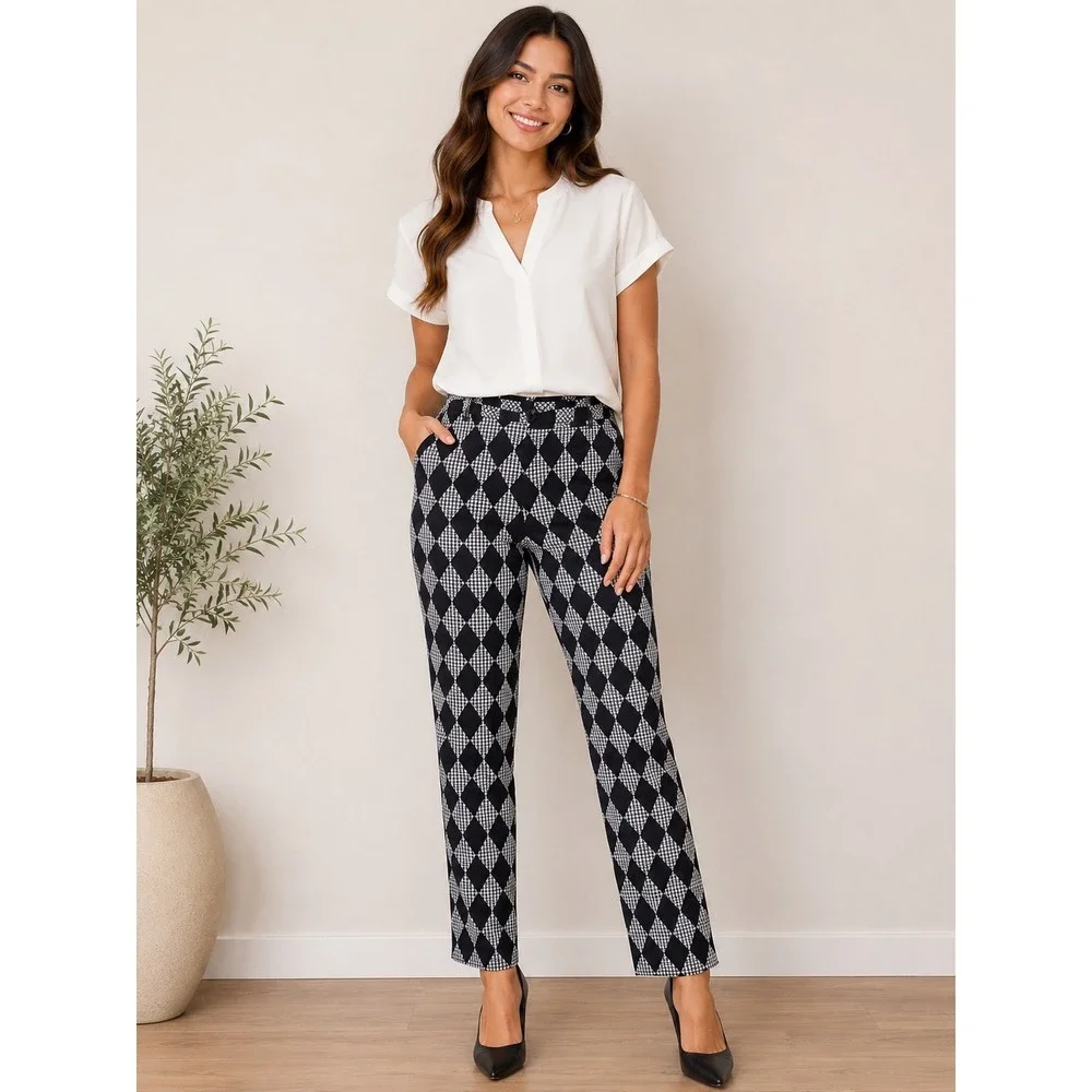 Cider Black White Argyle Houndstooth High Waisted Straight Leg Trousers Small